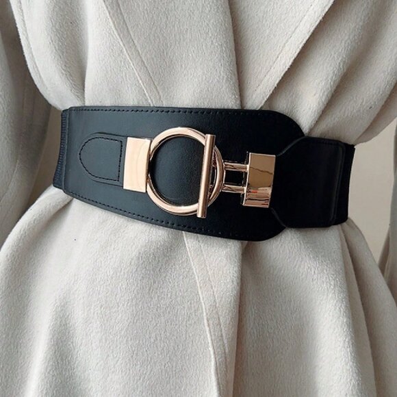 Black Elevated contemporary Women's Waist Gold Buckle Belt